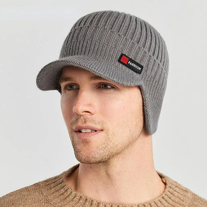 Men's Winter Knitted Hat with Ear Protection and Windproof Visor, Thick Cycling Scarf Cap