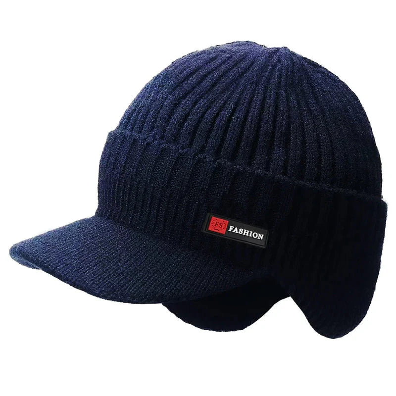Men's Winter Knitted Hat with Ear Protection and Windproof Visor, Thick Cycling Scarf Cap