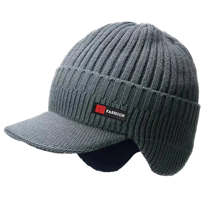 Men's Winter Knitted Hat with Ear Protection and Windproof Visor, Thick Cycling Scarf Cap