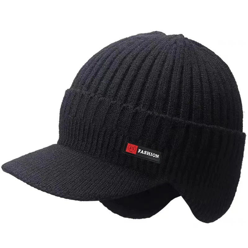 Men's Winter Knitted Hat with Ear Protection and Windproof Visor, Thick Cycling Scarf Cap