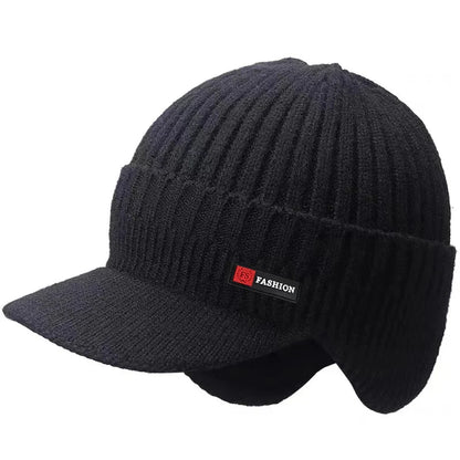 Men's Winter Knitted Hat with Ear Protection and Windproof Visor, Thick Cycling Scarf Cap