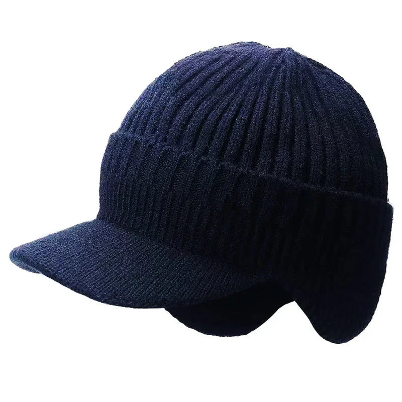 Men's Winter Knitted Hat with Ear Protection and Windproof Visor, Thick Cycling Scarf Cap
